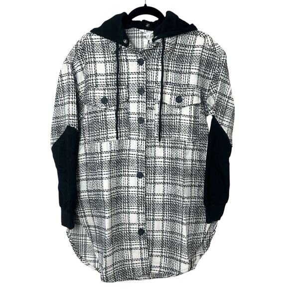 NWT LBLC The Label Mikenna Black White Plaid Hooded Shirt Jacket Shacket Sz M - Picture 2 of 13